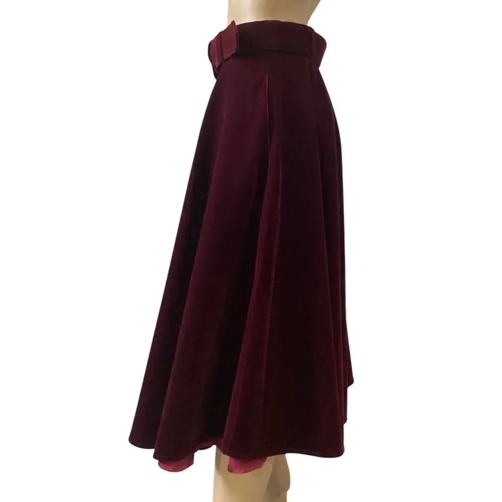 ModCloth collectif velvet swing skirt/A-Line belted midi skirt size S burgundy - Picture 3 of 9